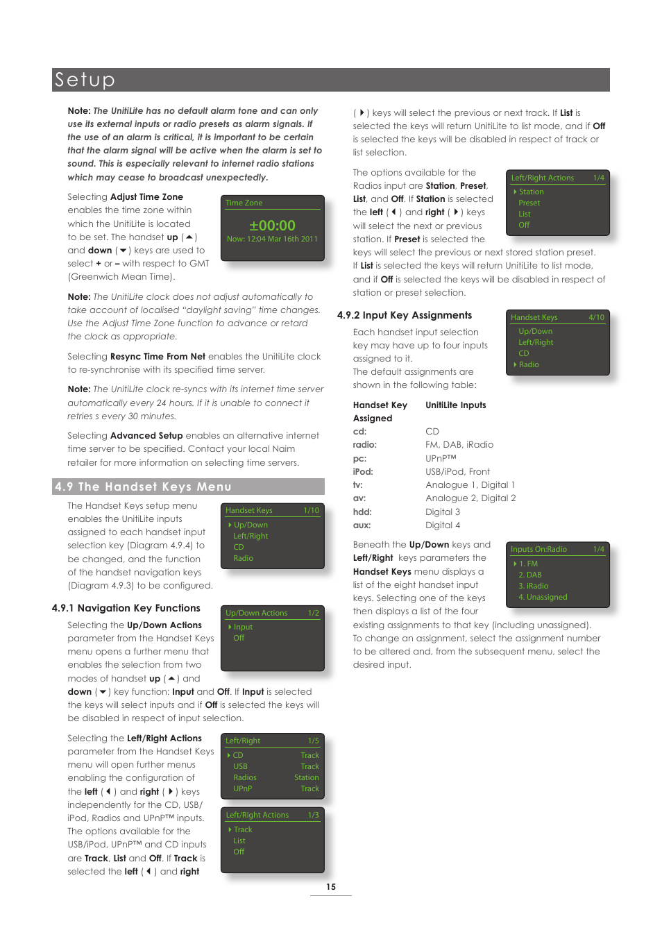 9 the handset keys menu, Setup | Naim Audio UnitiLite User Manual | Page 17 / 26