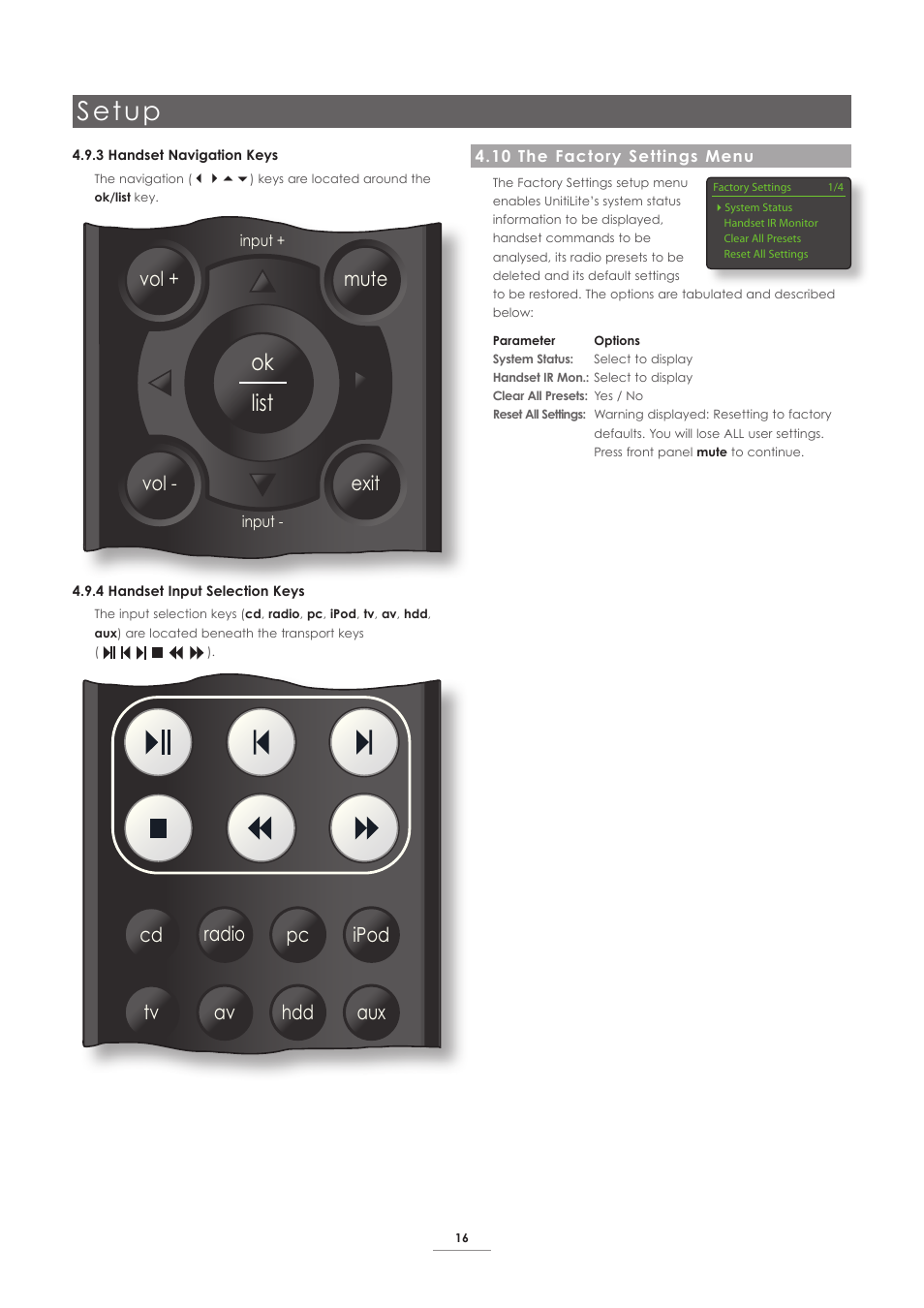 10 the factory settings menu, Setup, Ok list | Disp | Naim Audio UnitiLite User Manual | Page 18 / 26
