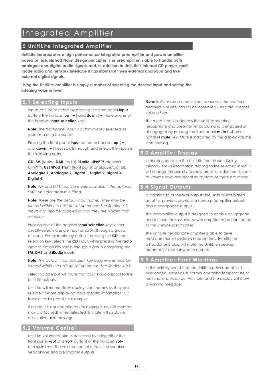 5 unitilite integrated amplifier, 1 selecting inputs, 2 volume control | 3 amplifier display, 4 signal outputs, 5 amplifier fault warnings, Integrated amplifier | Naim Audio UnitiLite User Manual | Page 19 / 26
