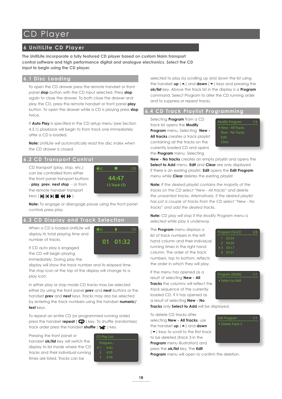 6 unitilite cd player, 1 disc loading, 2 cd transport control | 3 cd display and track selection, 4 cd track playlist programming, Cd player | Naim Audio UnitiLite User Manual | Page 20 / 26