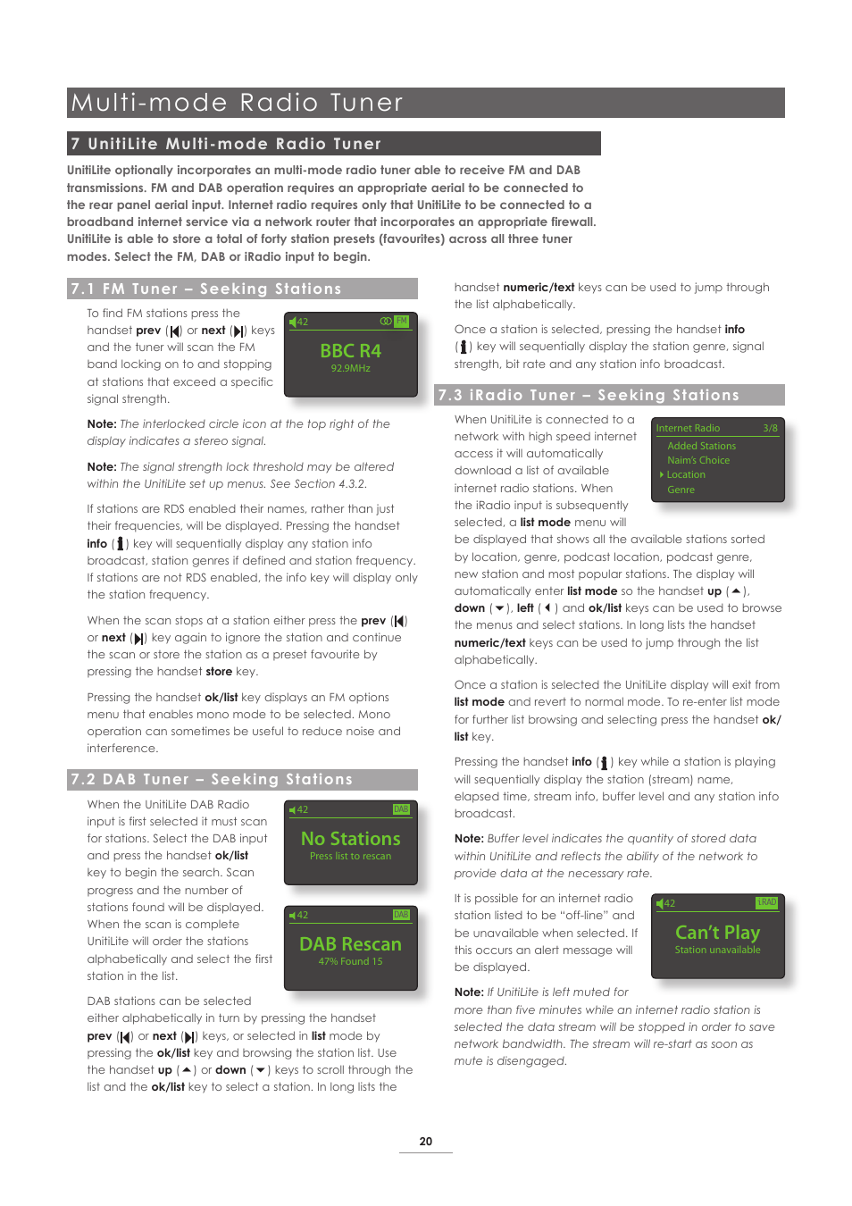 7 unitilite multi-mode radio tuner, 1 fm tuner – seeking stations, 2 dab tuner – seeking stations | 3 iradio tuner – seeking stations, Multi-mode radio tuner, Bbc r4, No stations, Can’t play, Dab rescan | Naim Audio UnitiLite User Manual | Page 22 / 26