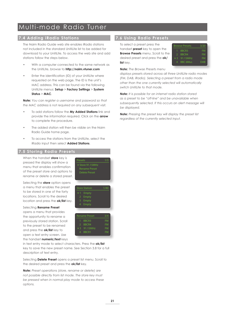 4 adding iradio stations, 5 storing radio presets, 6 using radio presets | Multi-mode radio tuner | Naim Audio UnitiLite User Manual | Page 23 / 26