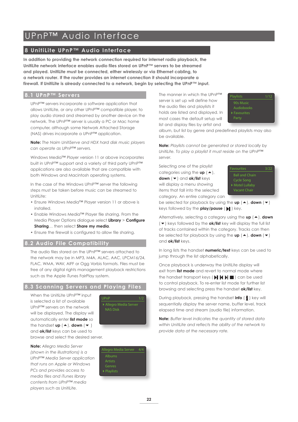 8 unitilite upnp™ audio interface, 1 upnp™ servers, 2 audio file compatibility | 3 scanning servers and playing files, Upnp™ audio inter face | Naim Audio UnitiLite User Manual | Page 24 / 26