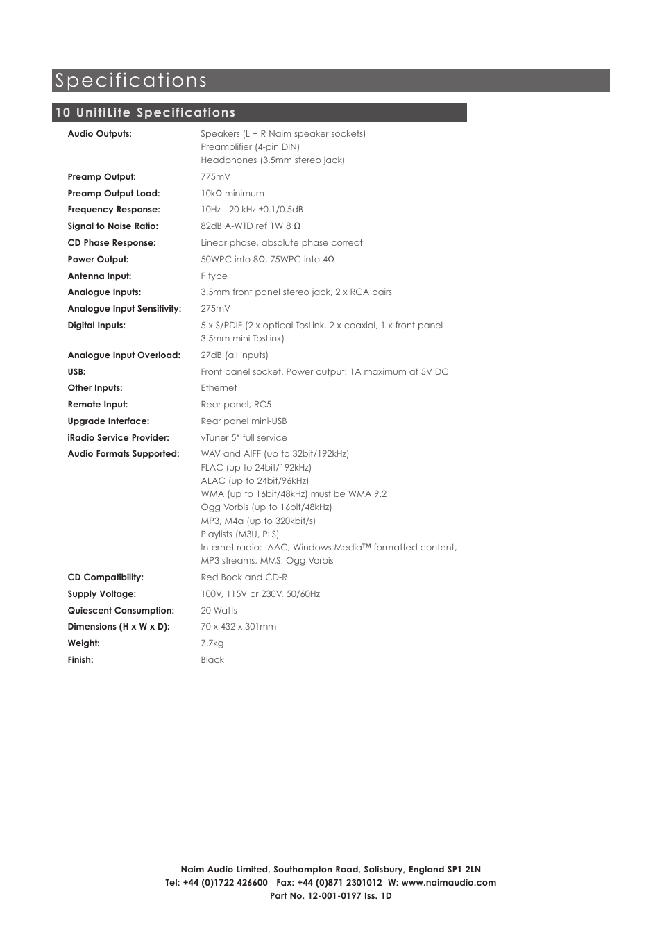 10 unitilite specifications, Specifications | Naim Audio UnitiLite User Manual | Page 26 / 26