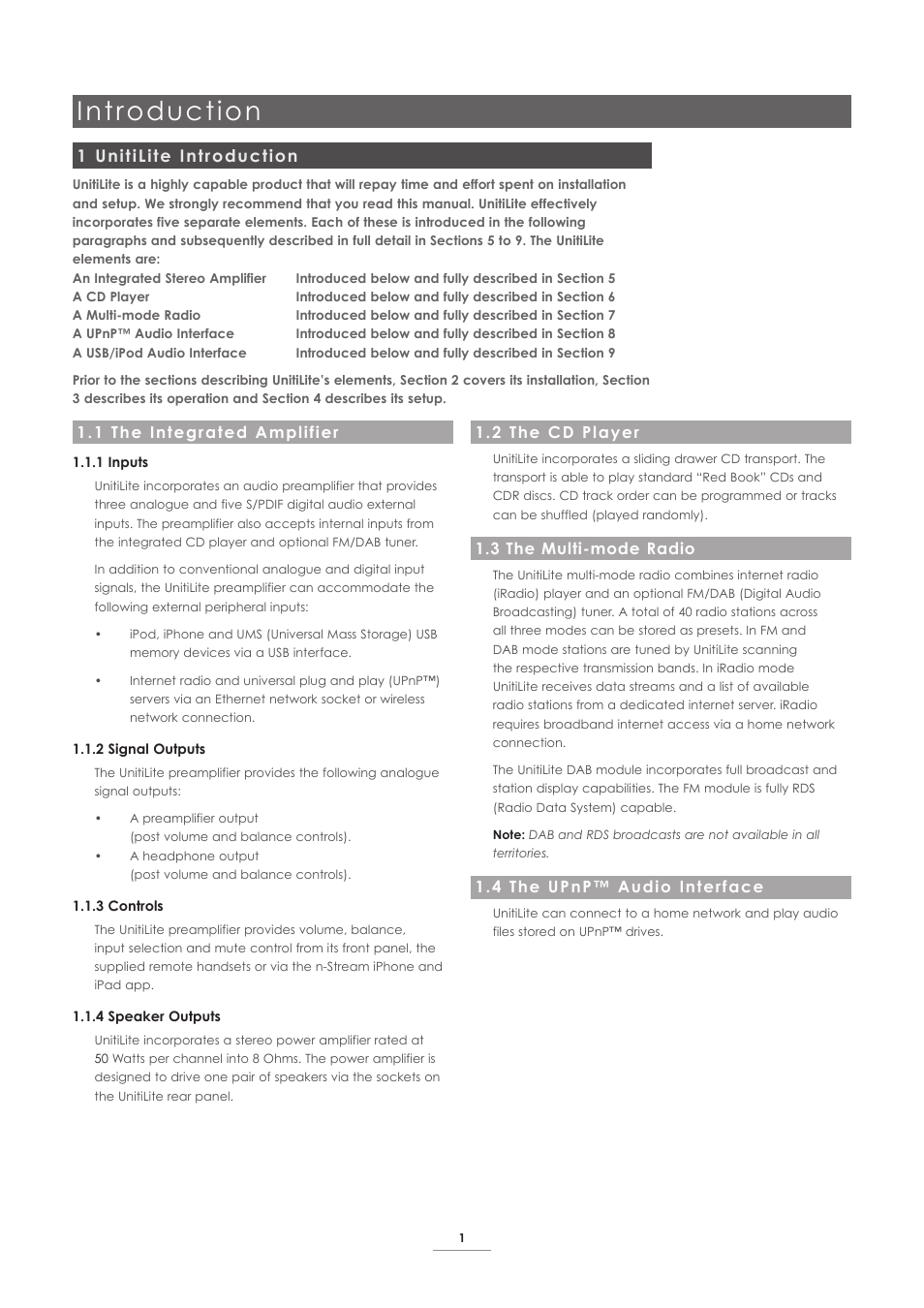 1 unitilite introduction, 1 the integrated amplifier, 2 the cd player | 3 the multi-mode radio, 4 the upnp™ audio interface, Introduction | Naim Audio UnitiLite User Manual | Page 3 / 26