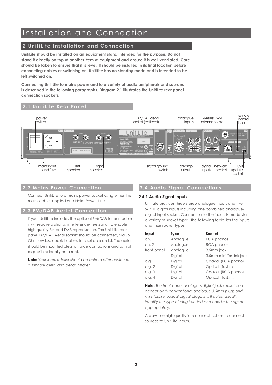 2 unitilite installation and connection, 1 unitilite rear panel, 2 mains power connection | 3 fm/dab aerial connection, 4 audio signal connections, Installation and connection | Naim Audio UnitiLite User Manual | Page 5 / 26