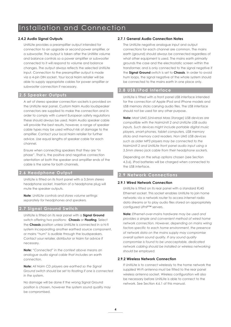 5 speaker outputs, 6 headphone output, 7 signal ground switch | 8 usb/ipod interface, 9 network connections, Installation and connection | Naim Audio UnitiLite User Manual | Page 6 / 26