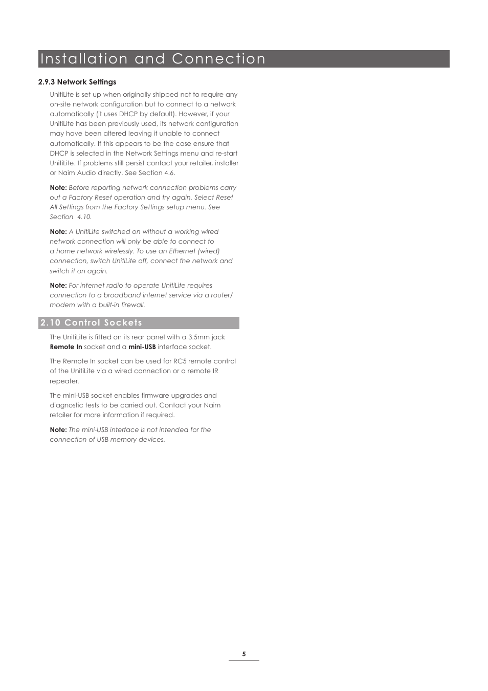 10 control sockets, Installation and connection | Naim Audio UnitiLite User Manual | Page 7 / 26