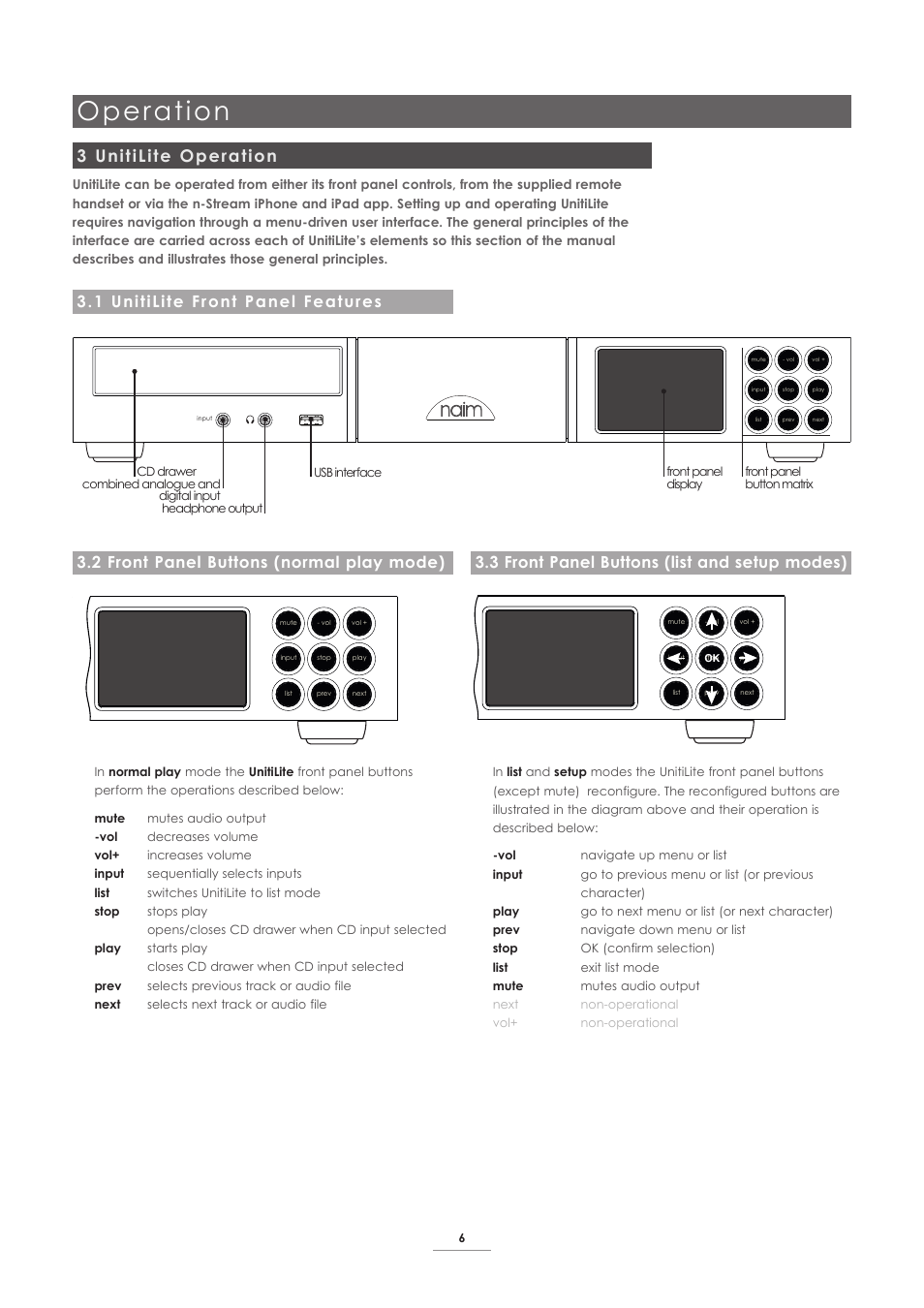 3 unitilite operation, 1 unitilite front panel features, 2 front panel buttons (normal play mode) | 3 front panel buttons (list and setup modes), Operation | Naim Audio UnitiLite User Manual | Page 8 / 26