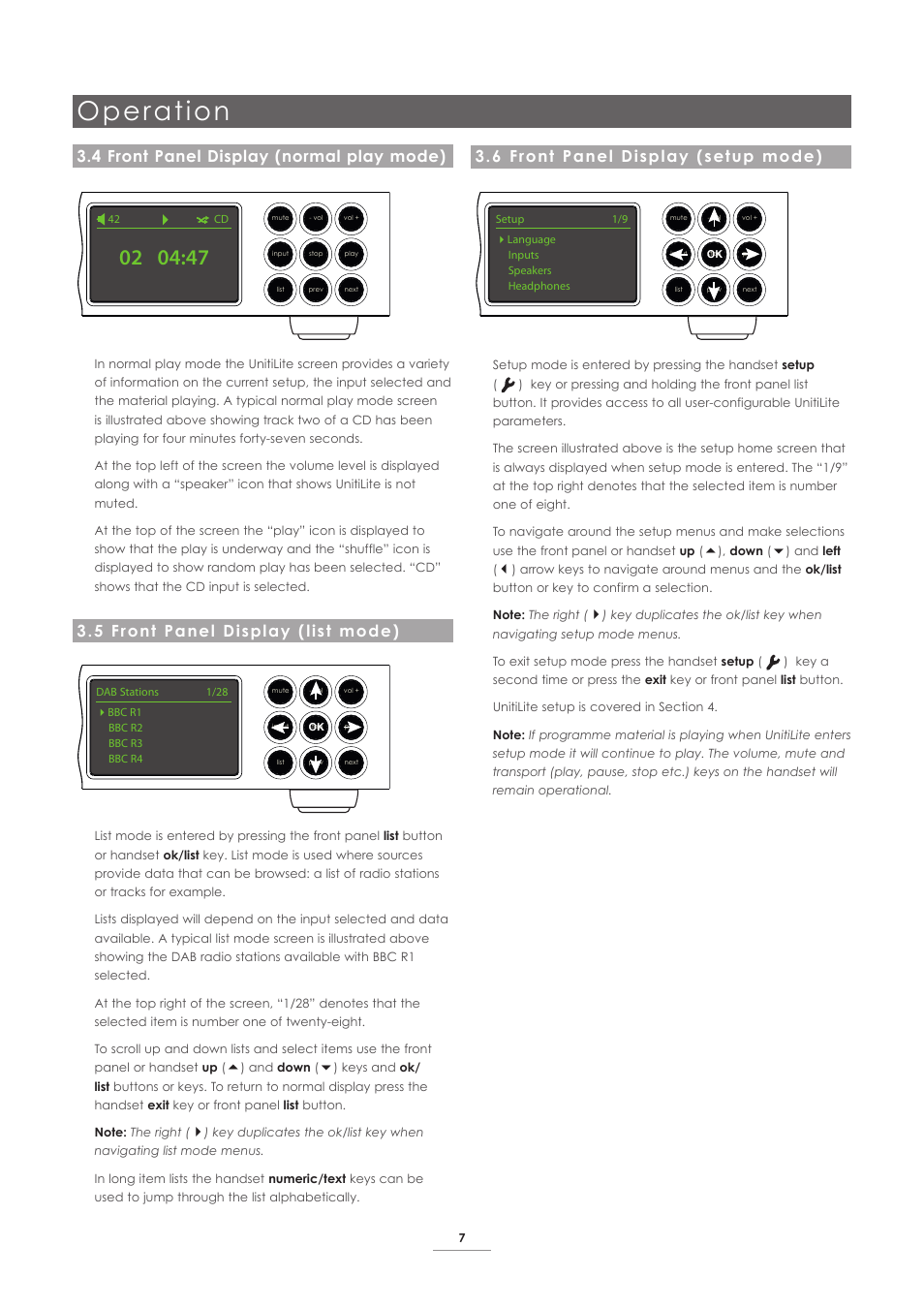 4 front panel display (normal play mode), 5 front panel display (list mode), 6 front panel display (setup mode) | Operation | Naim Audio UnitiLite User Manual | Page 9 / 26