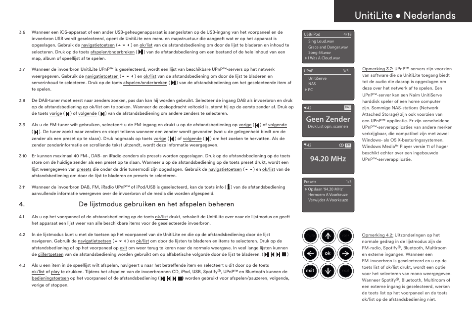 Unitilite • nederlands, Geen zender, 20 mhz | De lijstmodus gebruiken en het afspelen beheren | Naim Audio UnitiLite User Manual | Page 15 / 36