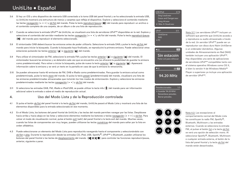 Unitilite • español, Sin estacoin, 20 mhz | Uso del modo lista y de la reproducción controlada | Naim Audio UnitiLite User Manual | Page 18 / 36