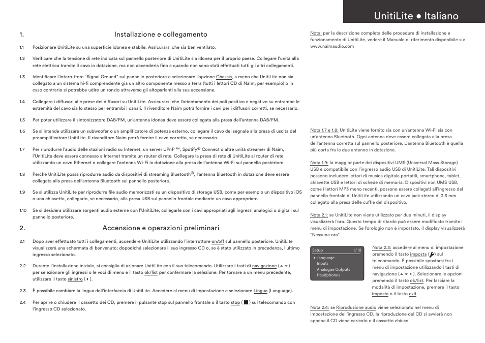 Unitilite • italiano, Installazione e collegamento, Accensione e operazioni preliminari | Naim Audio UnitiLite User Manual | Page 19 / 36
