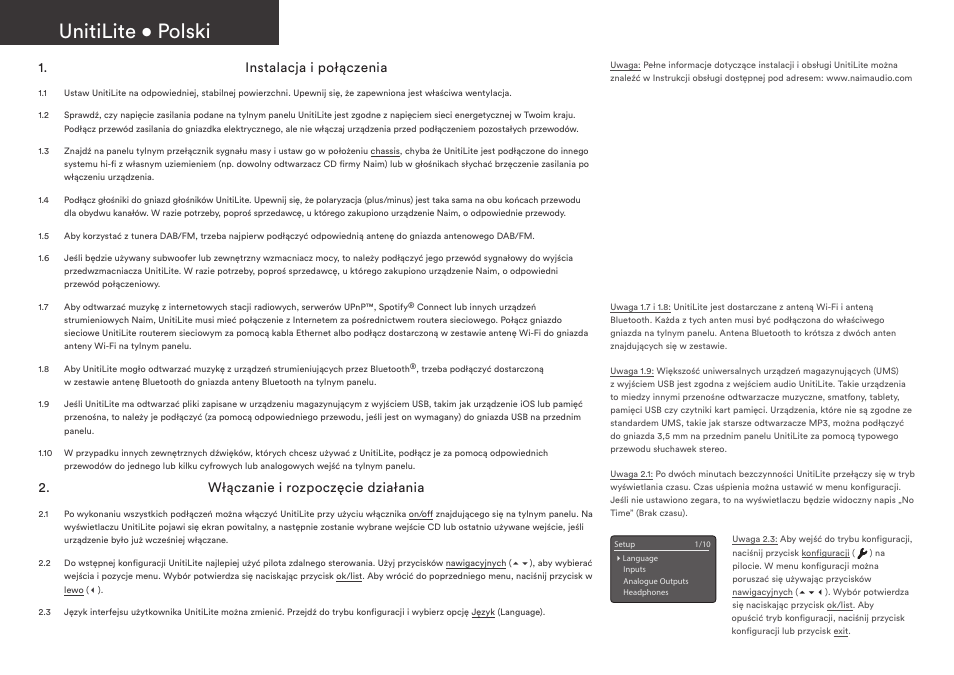 Unitilite • polski, Instalacja i połączenia, Włączanie i rozpoczęcie działania | Naim Audio UnitiLite User Manual | Page 22 / 36
