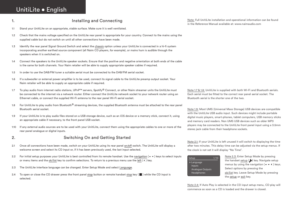 Unitilite • english, Installing and connecting, Switching on and getting started | Naim Audio UnitiLite User Manual | Page 4 / 36