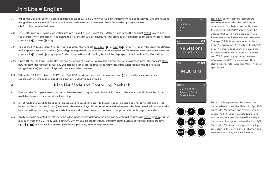 Unitilite • english, No stations, 20 mhz | Using list mode and controlling playback | Naim Audio UnitiLite User Manual | Page 6 / 36