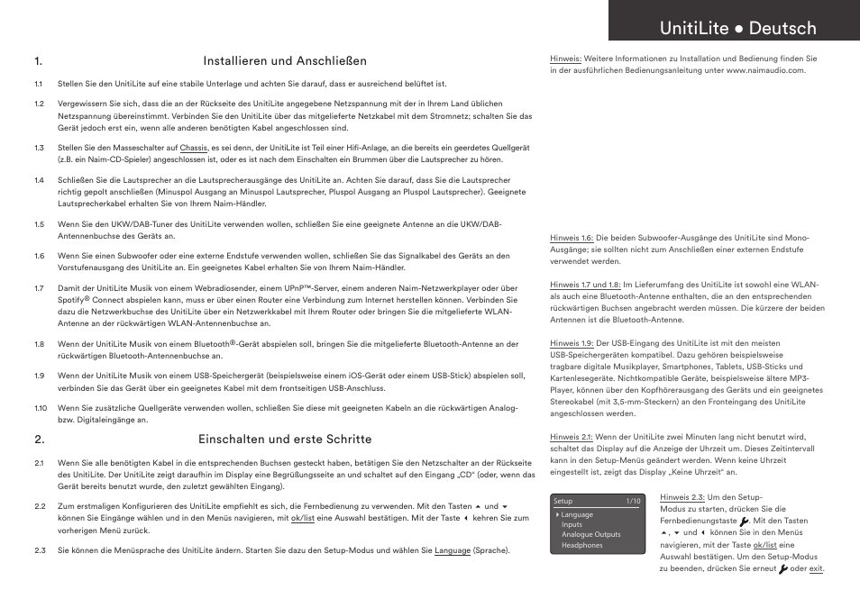 Unitilite • deutsch, Installieren und anschließen, Einschalten und erste schritte | Naim Audio UnitiLite User Manual | Page 7 / 36