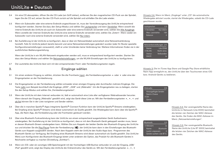 Unitilite • deutsch, Eingänge wählen | Naim Audio UnitiLite User Manual | Page 8 / 36
