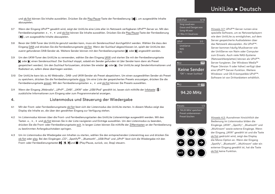Unitilite • deutsch, Keine sender, 20 mhz | Listenmodus und steuerung der wiedergabe | Naim Audio UnitiLite User Manual | Page 9 / 36