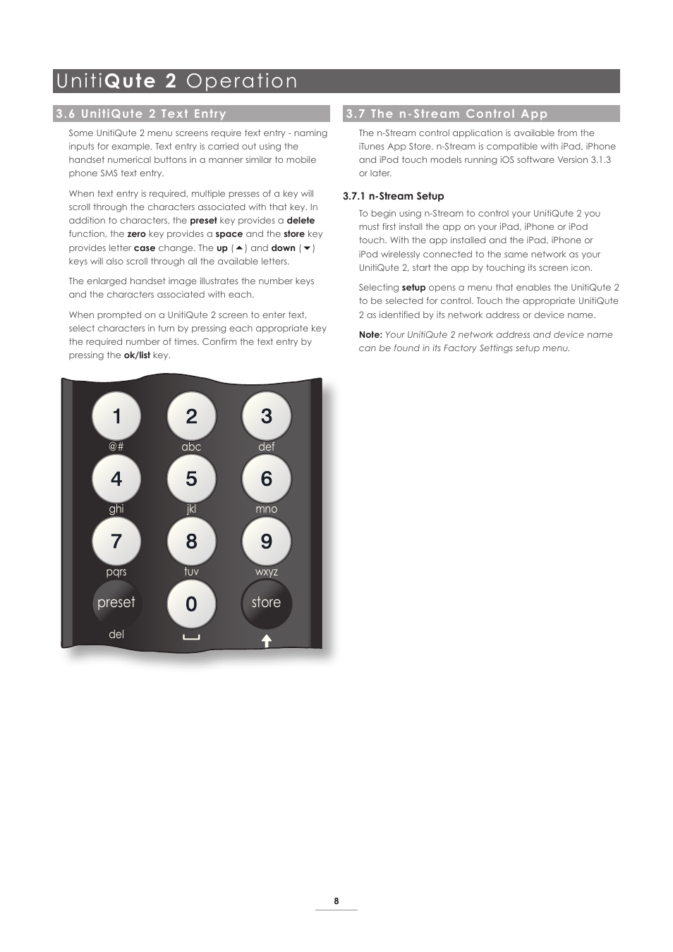6 unitiqute 2 text entry, 7 the n-stream control app, Uniti qute 2 operation | Ok list, Disp | Naim Audio UnitiQute 2 User Manual | Page 10 / 22
