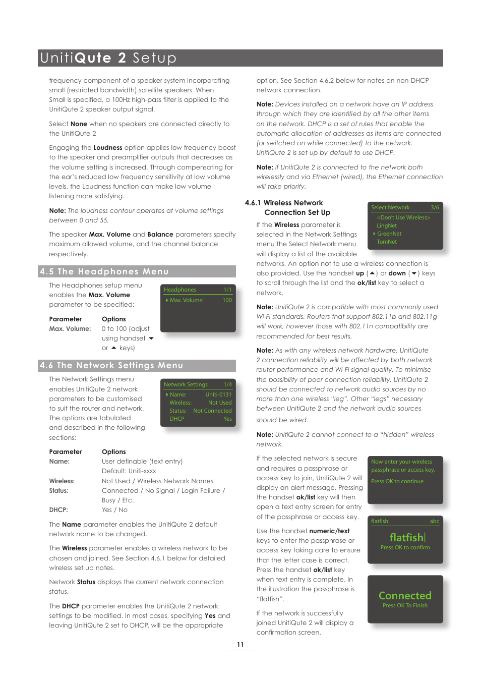 5 the headphones menu, 6 the network settings menu, Uniti qute 2 setup | Flatfish, Connected | Naim Audio UnitiQute 2 User Manual | Page 13 / 22