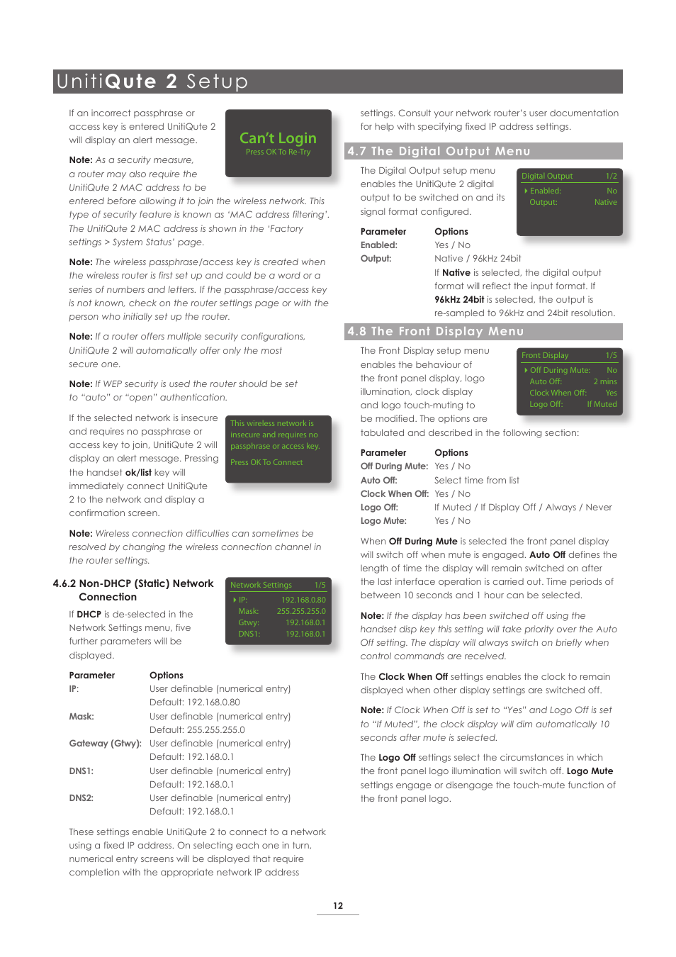 7 the digital output menu, 8 the front display menu, Uniti qute 2 setup | Can’t login | Naim Audio UnitiQute 2 User Manual | Page 14 / 22