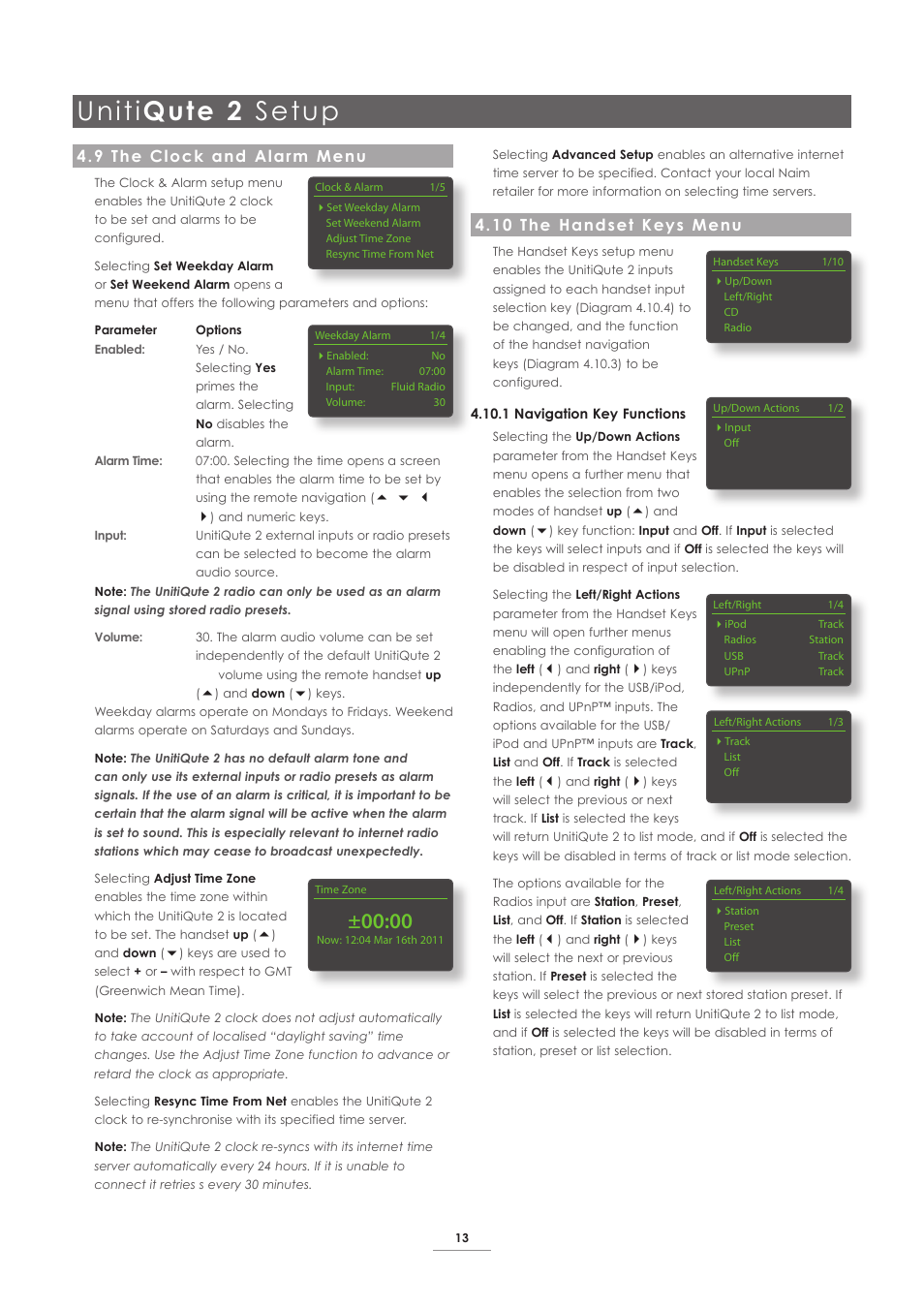 9 the clock and alarm menu, 10 the handset keys menu, Uniti qute 2 setup | Naim Audio UnitiQute 2 User Manual | Page 15 / 22