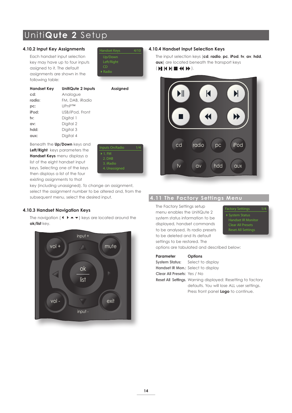 11 the factory settings menu, Uniti qute 2 setup, Ok list | Disp | Naim Audio UnitiQute 2 User Manual | Page 16 / 22