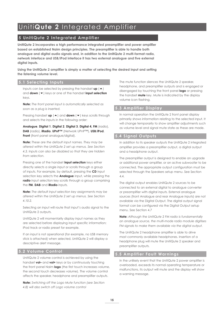 5 unitiqute 2 integrated amplifier, 1 selecting inputs, 2 volume control | 3 amplifier display, 4 signal outputs, 5 amplifier fault warnings, Uniti qute 2 integrated amplifier | Naim Audio UnitiQute 2 User Manual | Page 17 / 22
