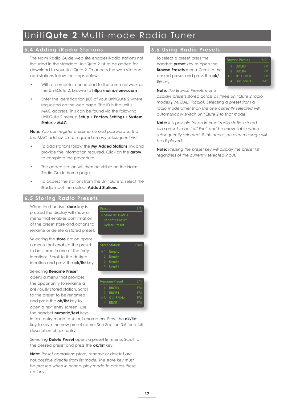 4 adding iradio stations, 5 storing radio presets, 6 using radio presets | Uniti qute 2 multi-mode radio tuner | Naim Audio UnitiQute 2 User Manual | Page 19 / 22