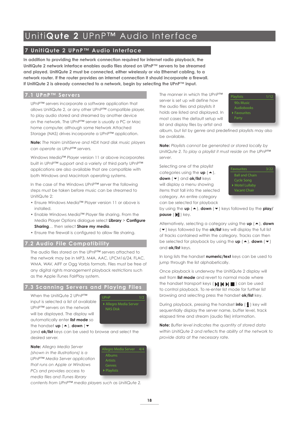 7 unitiqute 2 upnp™ audio interface, 1 upnp™ servers, 2 audio file compatibility | 3 scanning servers and playing files, Uniti qute 2 upnp™ audio inter face | Naim Audio UnitiQute 2 User Manual | Page 20 / 22