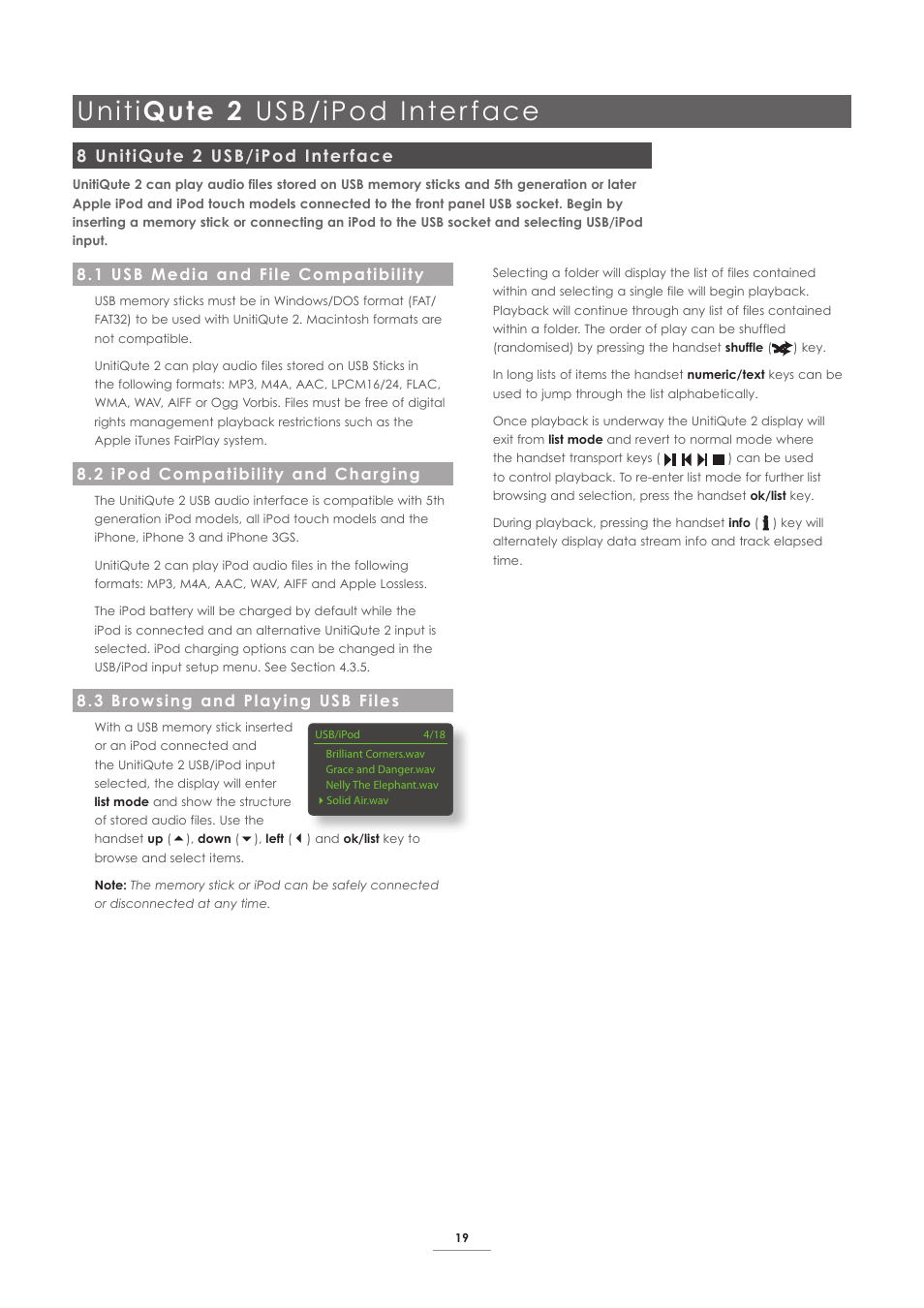 8 unitiqute 2 usb/ipod interface, 1 usb media and file compatibility, 2 ipod compatibility and charging | 3 browsing and playing usb files, Uniti qute 2 usb/ipod inter face | Naim Audio UnitiQute 2 User Manual | Page 21 / 22