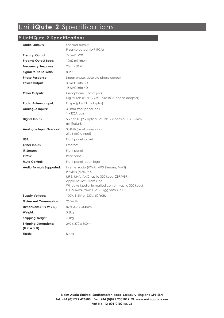 9 unitiqute 2 specifications, Unit iqute 2 specifications | Naim Audio UnitiQute 2 User Manual | Page 22 / 22