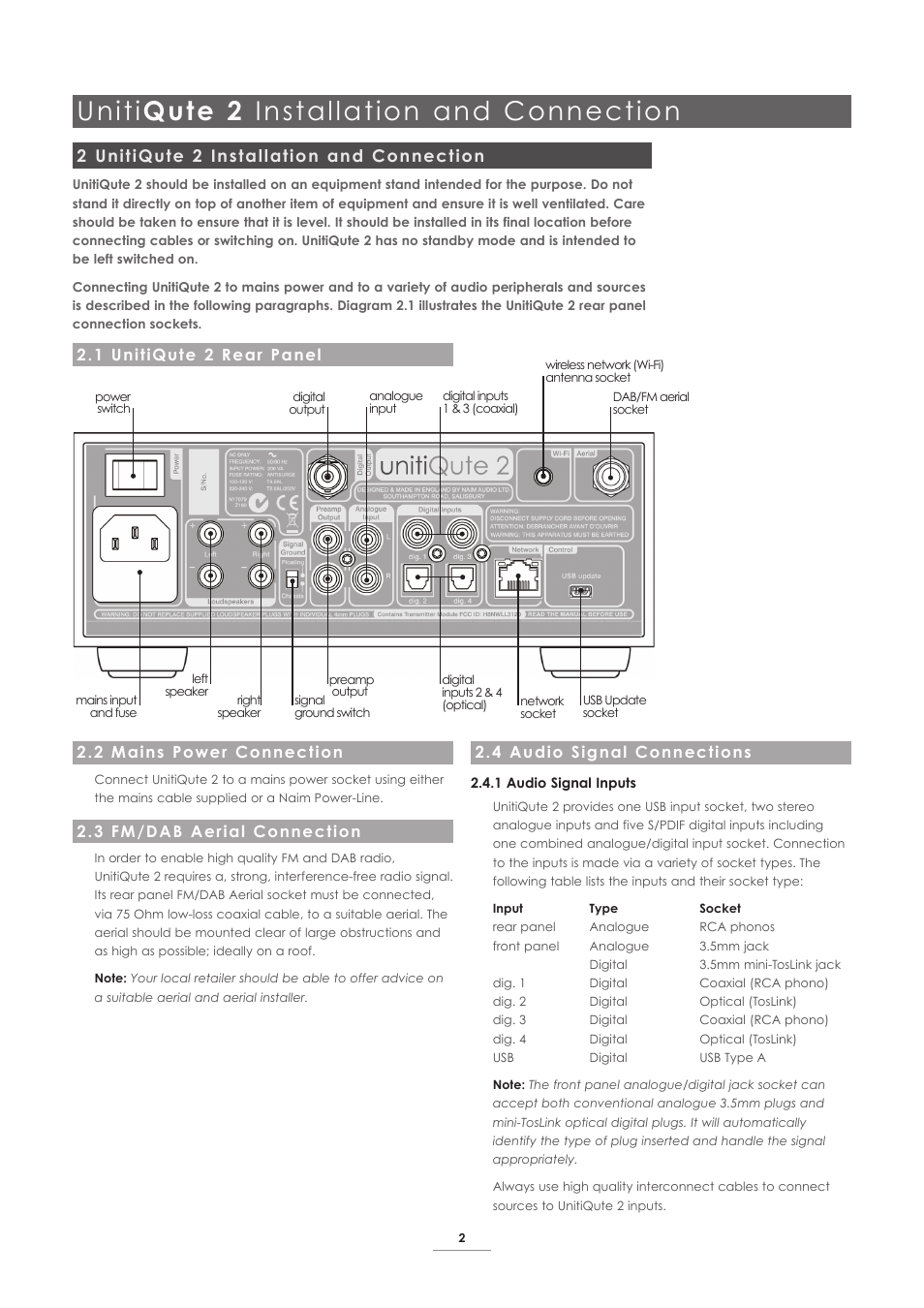 2 unitiqute 2 installation and connection, 1 unitiqute 2 rear panel, 2 mains power connection | 3 fm/dab aerial connection, 4 audio signal connections, Uniti qute 2 installation and connection | Naim Audio UnitiQute 2 User Manual | Page 4 / 22