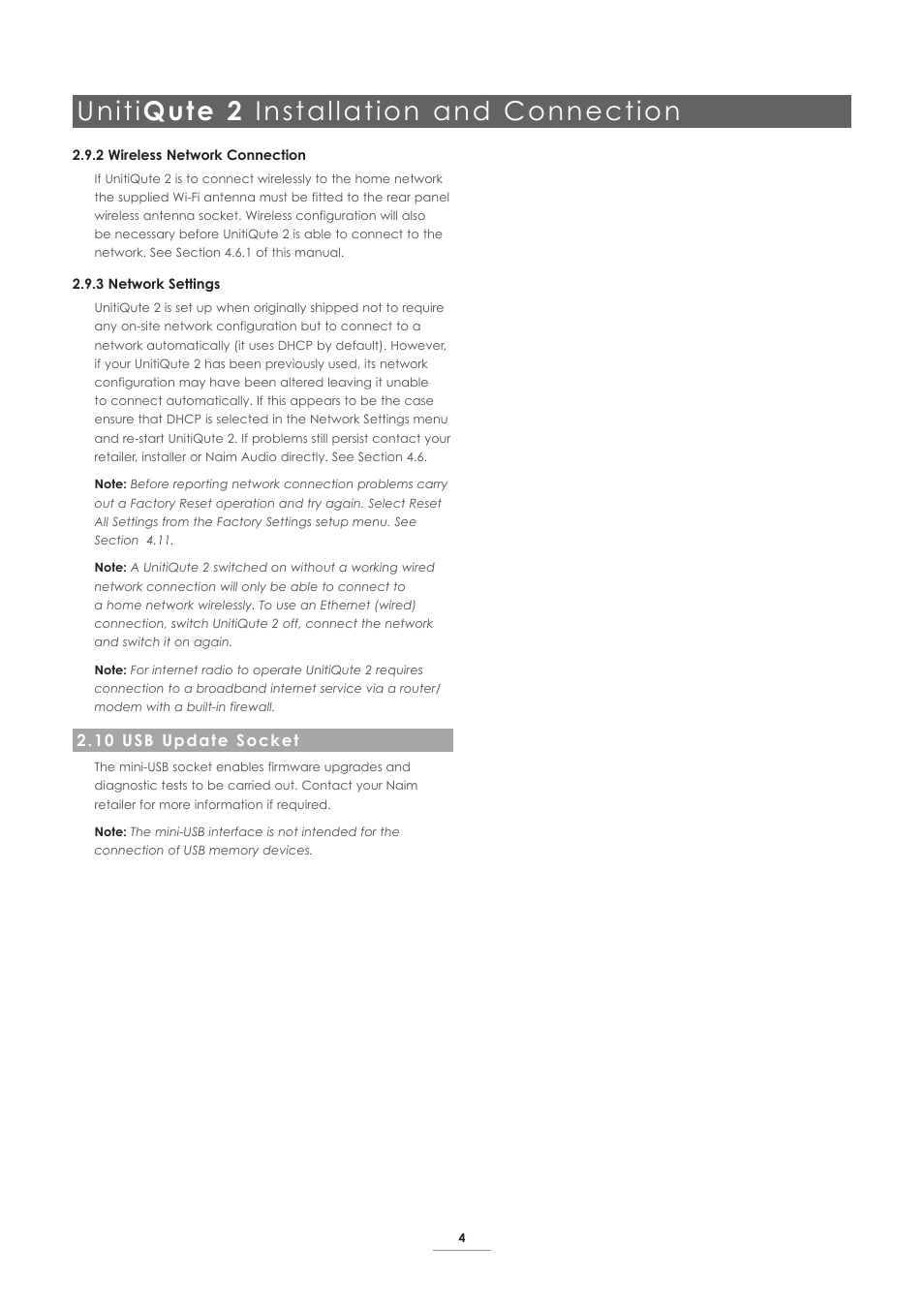 10 usb update socket, Uniti qute 2 installation and connection | Naim Audio UnitiQute 2 User Manual | Page 6 / 22