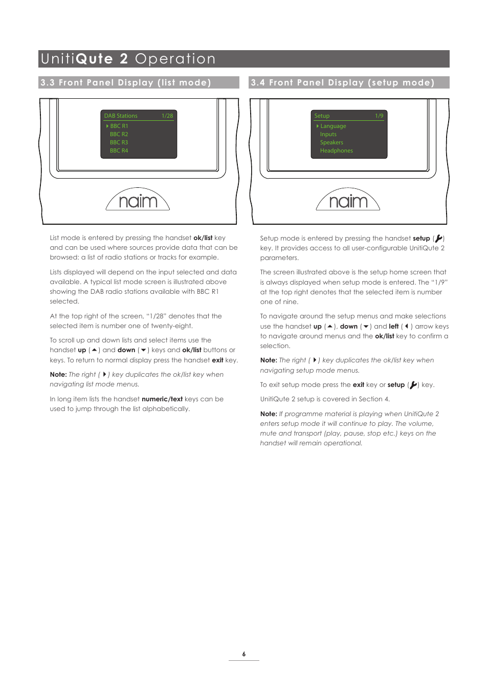 3 front panel display (list mode), 4 front panel display (setup mode), Uniti qute 2 operation | Naim Audio UnitiQute 2 User Manual | Page 8 / 22