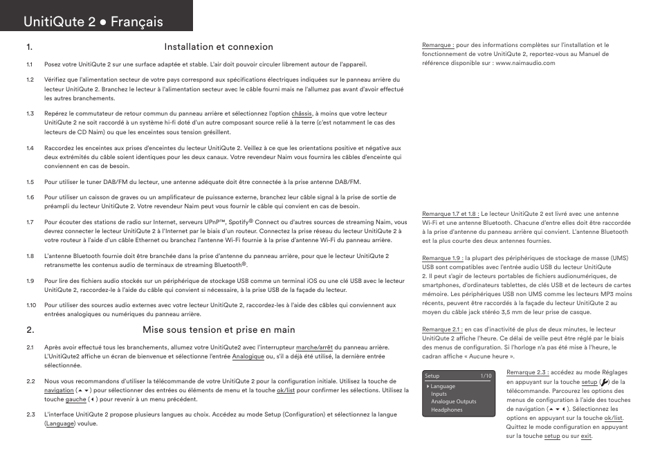 Unitiqute 2 • français, Installation et connexion, Mise sous tension et prise en main | Naim Audio UnitiQute 2 User Manual | Page 10 / 36