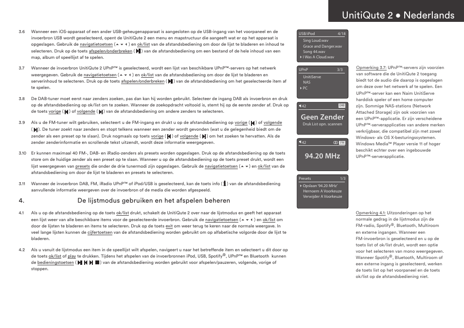 Unitiqute 2 • nederlands, Geen zender, 20 mhz | De lijstmodus gebruiken en het afspelen beheren | Naim Audio UnitiQute 2 User Manual | Page 15 / 36