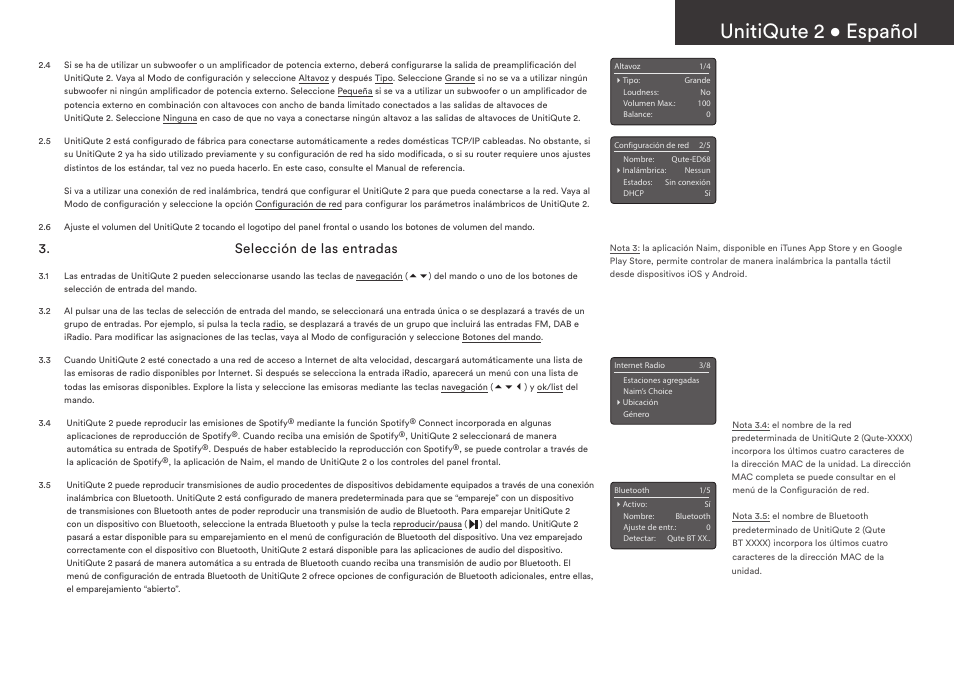 Unitiqute 2 • español, Selección de las entradas | Naim Audio UnitiQute 2 User Manual | Page 17 / 36