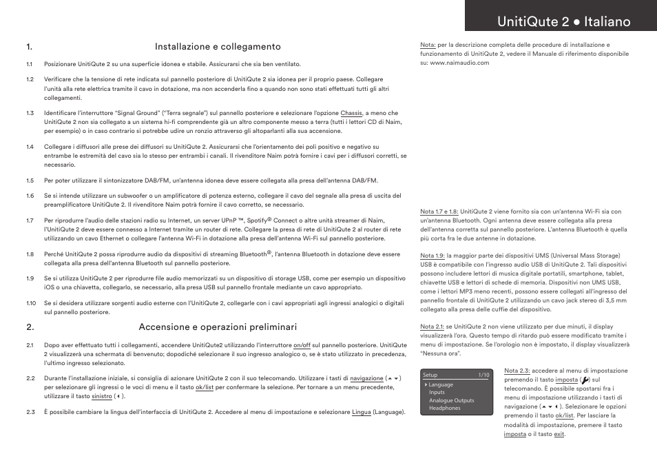 Unitiqute 2 • italiano, Installazione e collegamento, Accensione e operazioni preliminari | Naim Audio UnitiQute 2 User Manual | Page 19 / 36