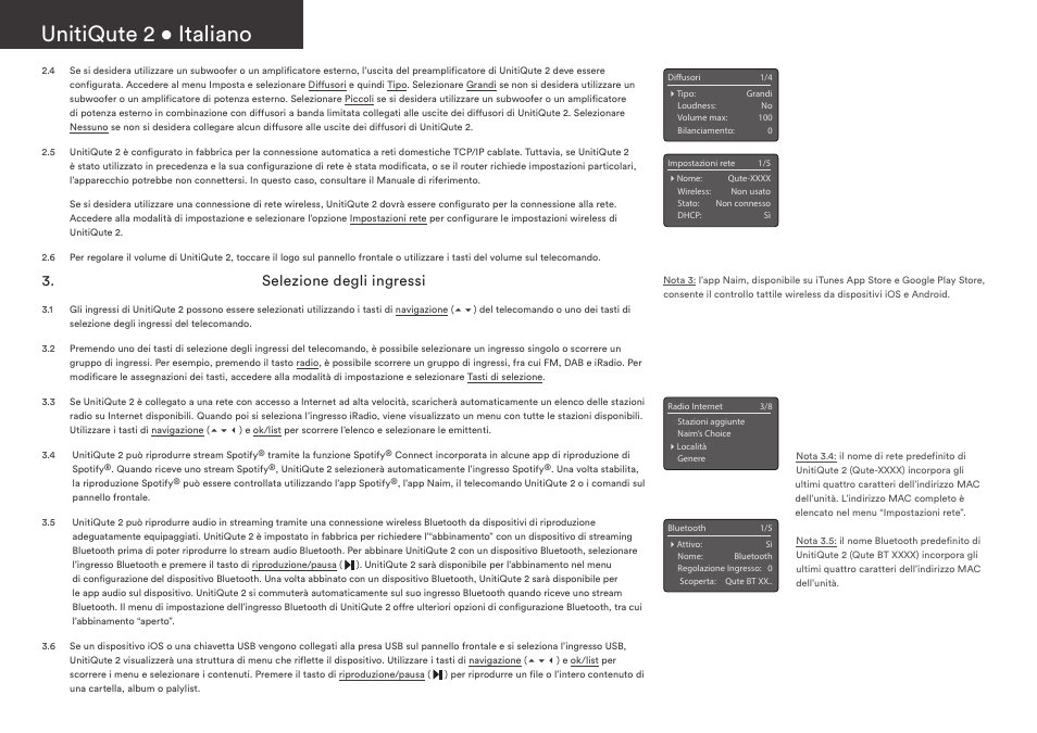 Unitiqute 2 • italiano, Selezione degli ingressi | Naim Audio UnitiQute 2 User Manual | Page 20 / 36