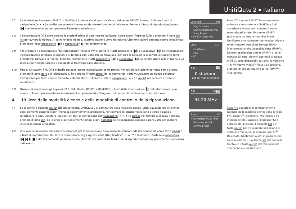 Unitiqute 2 • italiano, 0 stazione, 20 mhz | Naim Audio UnitiQute 2 User Manual | Page 21 / 36