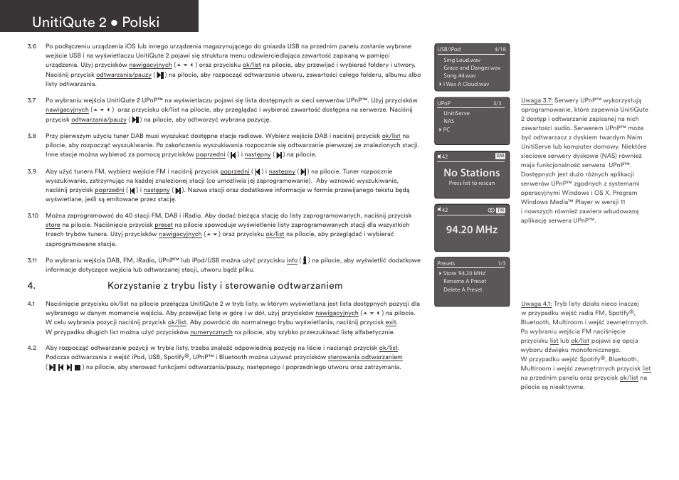 Unitiqute 2 • polski, No stations, 20 mhz | Naim Audio UnitiQute 2 User Manual | Page 24 / 36