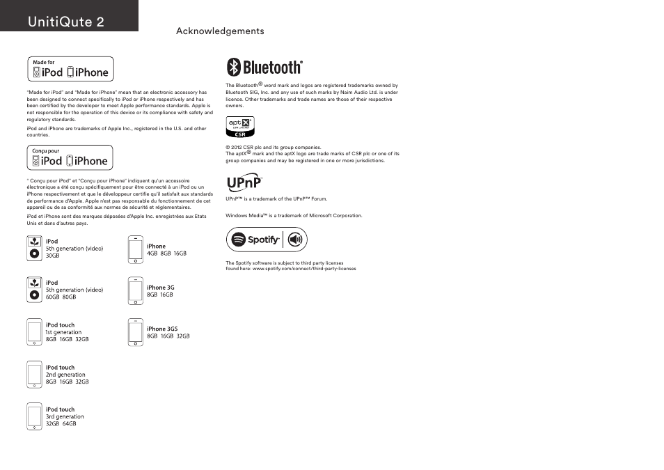 Unitiqute 2, Acknowledgements | Naim Audio UnitiQute 2 User Manual | Page 34 / 36