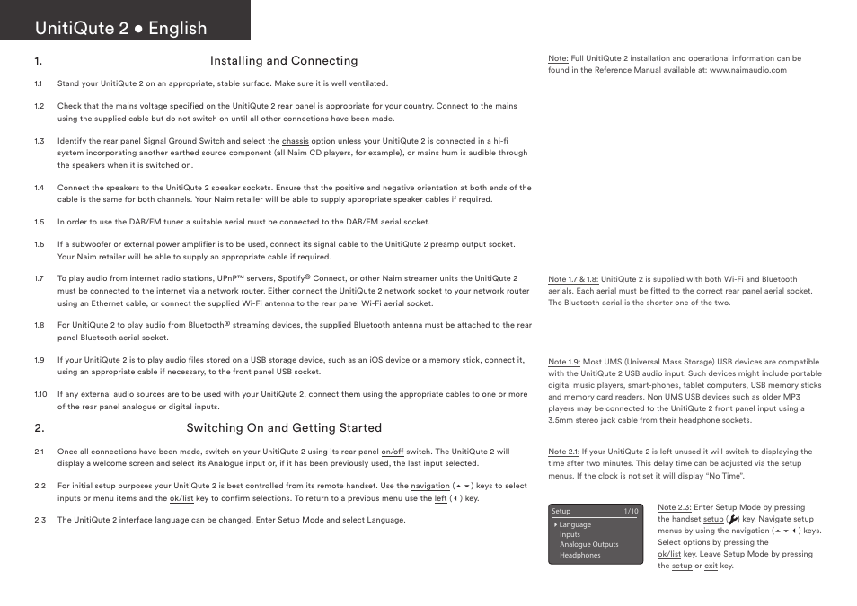 Unitiqute 2 • english, Installing and connecting, Switching on and getting started | Naim Audio UnitiQute 2 User Manual | Page 4 / 36