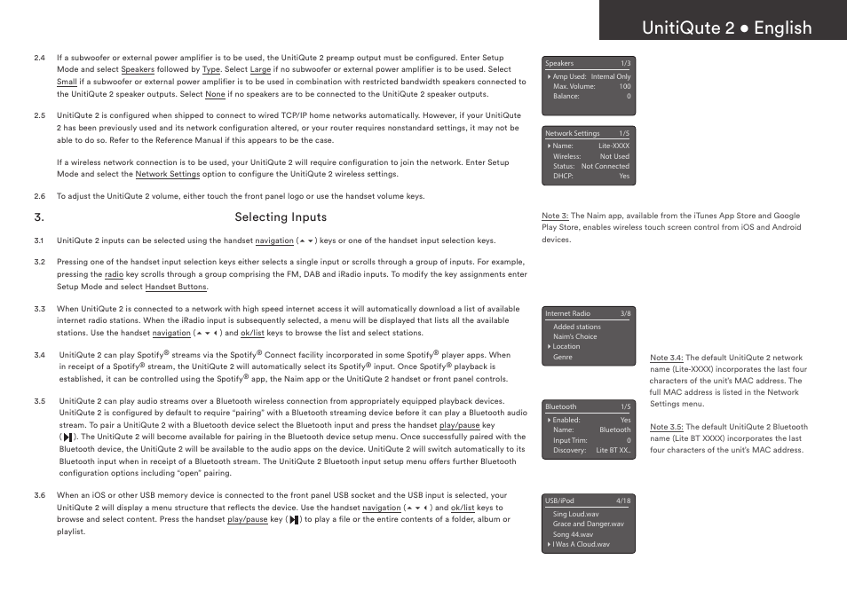 Unitiqute 2 • english, Selecting inputs | Naim Audio UnitiQute 2 User Manual | Page 5 / 36