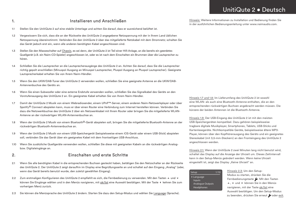Unitiqute 2 • deutsch, Installieren und anschließen, Einschalten und erste schritte | Naim Audio UnitiQute 2 User Manual | Page 7 / 36