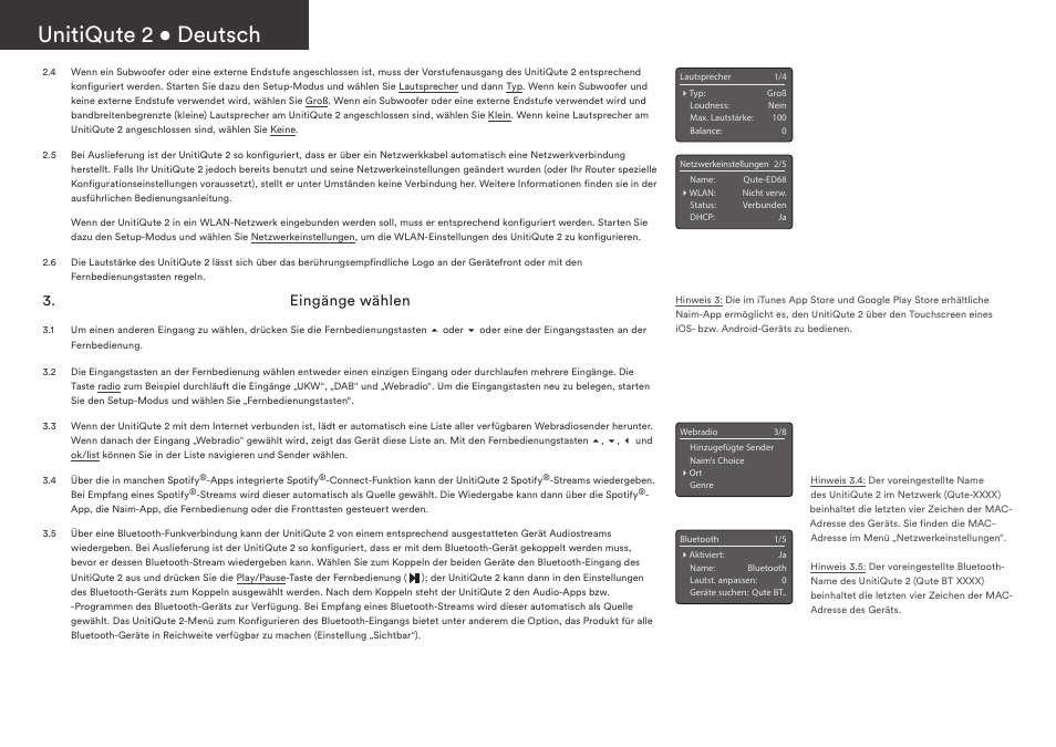 Unitiqute 2 • deutsch, Eingänge wählen | Naim Audio UnitiQute 2 User Manual | Page 8 / 36