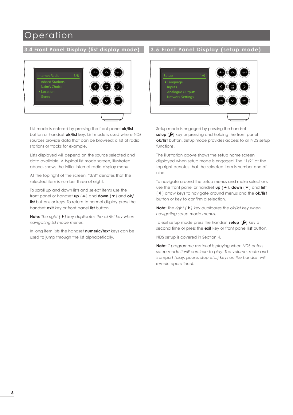 4 front panel display (list display mode), 5 front panel display (setup mode), Operation | Naim Audio NDS User Manual | Page 10 / 23