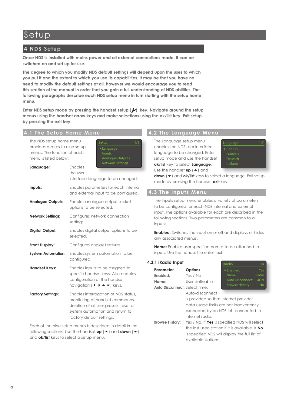 4 nds setup, 1 the setup home menu, 2 the language menu | 3 the inputs menu, Setup | Naim Audio NDS User Manual | Page 14 / 23